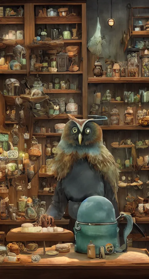 Prompt: close - up of a redhead seller at the counter in the small witch shop, with an owl, counter, cauldrons, potions, highly detailed, sharp focus, matte painting, by studio ghibli, by giovani magana, by rutkowsky,