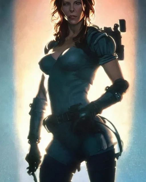 Image similar to kate beckinsale playing april o'neil. 1 9 8 0 s dystopian soviet russia, propaganda screens. unreal engine, fantasy art by jesper ejsing. faithfully depicted facial expression, perfect anatomy global illumination, radiant light, detailed and intricate environment