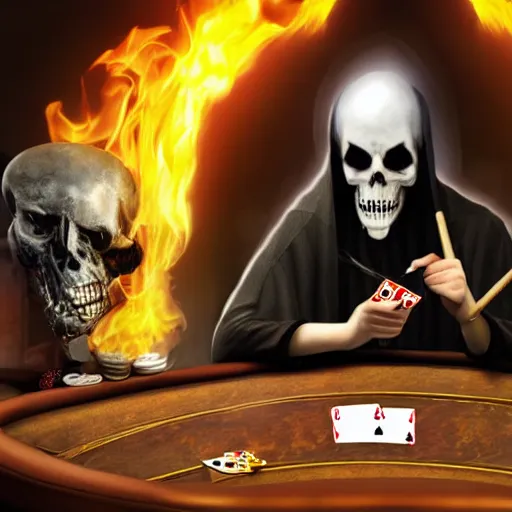 Image similar to a grim reaper playing poker in hell, 8 k, realistic