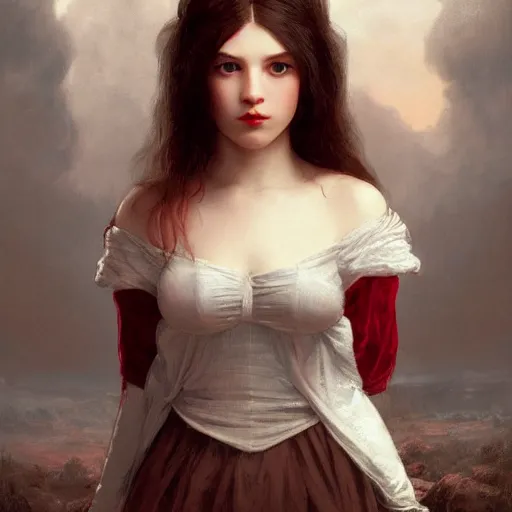 Prompt: portrait of young vampire princess, head only, realistic eyes, headshot, pale skin, 4k, rule of thirds, extreme detail, intricate illustration, trending artstation, cgsociety, hd, fantasy, realistic lighting, by Albert Bierstadt, Frederic Edwin Church.