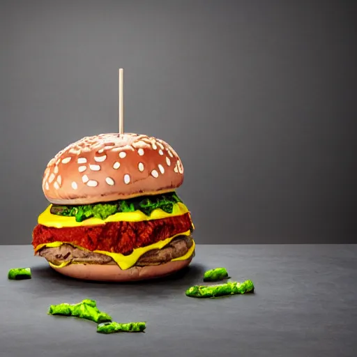 Prompt: a humanoid bipedal upright zombie that strongly resembles a hamburger, professional food photography