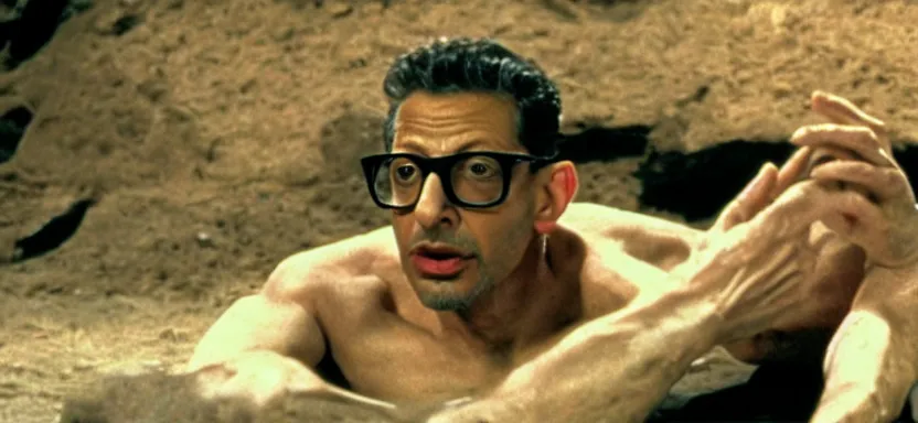 Image similar to film still of jeff goldblum in the pit and the pendulum ( 1 9 6 1 ) in the style of cronenberg, pathecolor, 4 0 mm panavision wide - angle lens