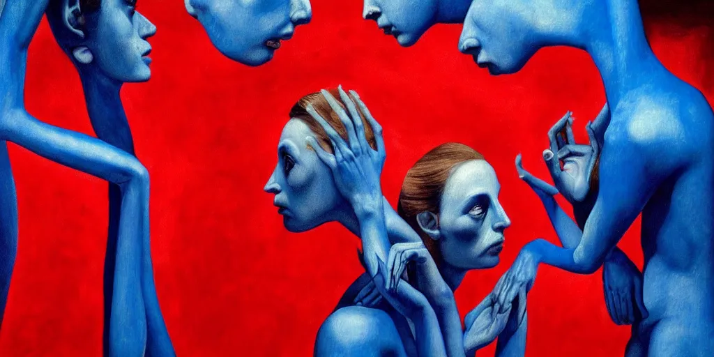 Image similar to only with blue, ney motogrosso in love with a red alien, too many hands in all directions, in hoc signo vinces, waterfall, in the style of leonora carrington, gottfried helnwein, intricate composition, raqib shaw, blue light by caravaggio, insanely quality, highly detailed, masterpiece, red light, artstation