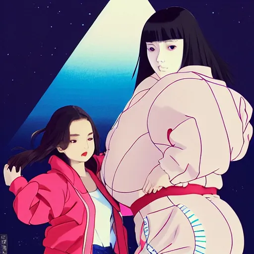 Image similar to a beautiful plus sized model japanese natalie portman, alluring, wearing oversized mayan bomber jacket and leotard with overalls, bulky poofy bomber jacket with mayan patterns, aztec street fashion, gapmoe yandere grimdark, trending on pixiv fanbox, painted by greg rutkowski makoto shinkai takashi takeuchi studio ghibli, akihiko yoshida