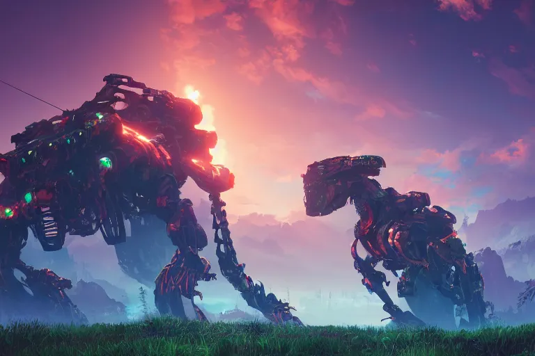 Prompt: scorcher machine creature robot of horizon forbidden west horizon zero dawn radiating a glowing aura global illumination ray tracing hdr fanart arstation by ian pesty and alena aenami artworks in 4 k