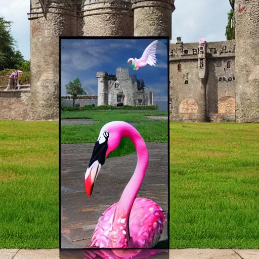 Image similar to throne made plastic pink flamingos yard signs in a medieval castle, ultrarealistic, intricate details, 4k, concept art, dark fantasy