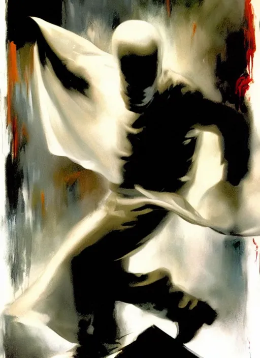 Prompt: zak bagans fighting a ghost, waving white sheet, enraged, painting by phil hale, 'action lines'!!!, graphic style, visible brushstrokes, motion blur, blurry