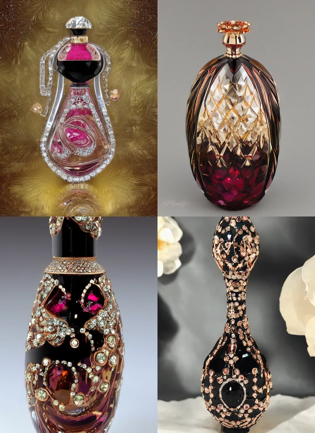Prompt: elaborate swarovski crystal faberge perfume bottle black and rose gold diamonds opals rubies, 4 k, reflections