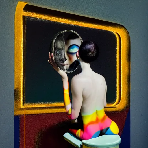 Prompt: portrait of a morphed harlequin sitting on a stool looking into a mirror doing makeup by james jean and luc tuymans and beeple and hernan bas and pat steir and hilma af klint, psychological, 3 d, dripping paint, high quality render, masterpiece