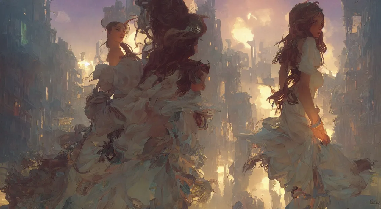 Image similar to bazaar zouk place sky shine digital painting, artstation, concept art, sharp focus, illustration, cinematic lighting, art by artgerm and greg rutkowski and alphonse mucha