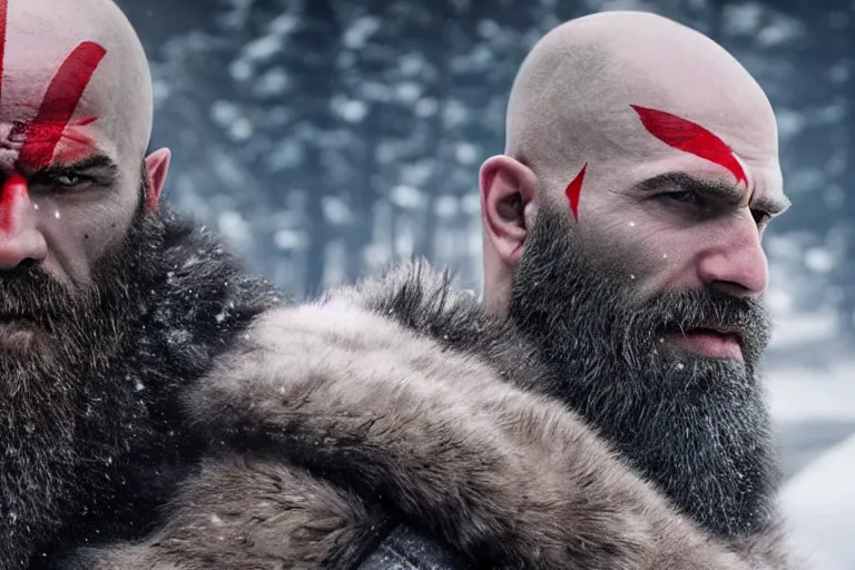 Image similar to vfx movie tough bald man in furs, natural grizzled skin, streaks of red face paint grey beard, dual wielding detailed viking war axes, in snowy tahoe, god of war by emmanuel lubezki