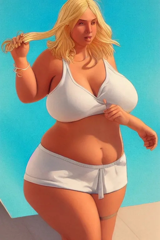 Prompt: a beautiful chubby woman with very long hip-length blonde hair, wearing a cut-off white top and short light orange cut-off shorts, stands by a swimming pool, in the style of artgerm and moebius and annie liebovitz, photorealistic, highly detailed, trending on artstation