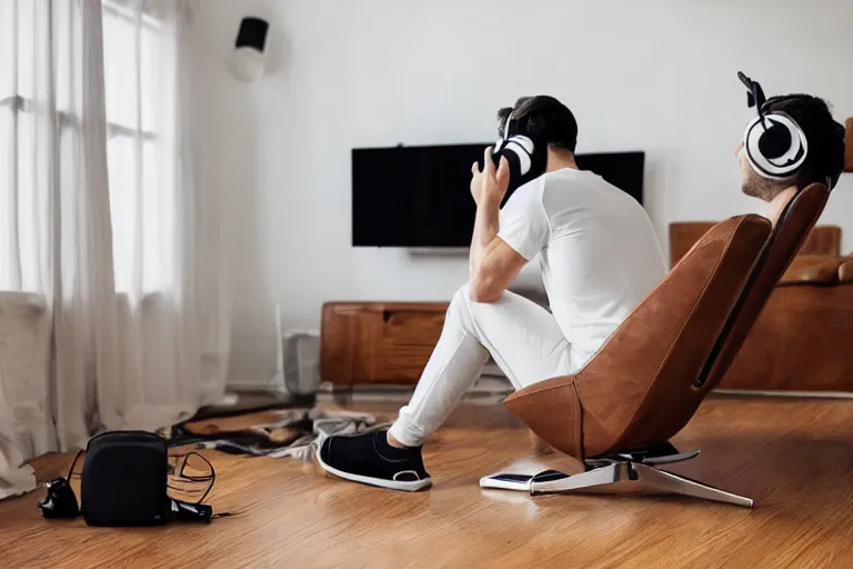 Image similar to a man wearing a white t - shirt and black sweat pants and wearing headphones is sitting in a brown leather chair in a living room