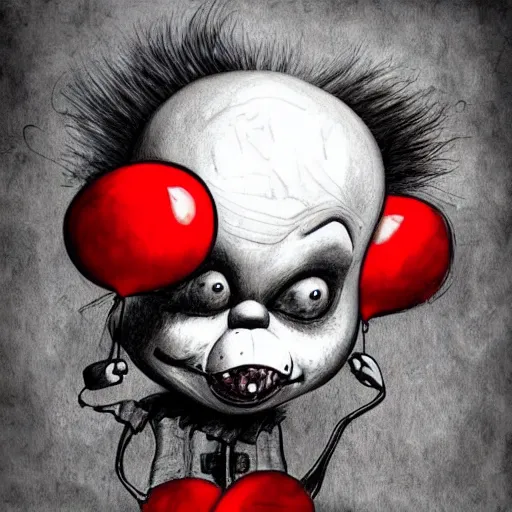 Prompt: surrealism grunge cartoon portrait sketch of a teddy bear with a wide smile and a red balloon by - michael karcz, loony toons style, pennywise style, chucky style, horror theme, detailed, elegant, intricate