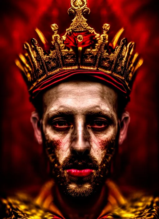 Image similar to 'Portrait of Crowned King Arthur' by Lee Jeffries royally decorated, whirling plasma, atmospheric motes, red and gold Sumptuous garb, gilt silk fabric, radiant colors, fantasy, perfect lighting, studio lit, micro details,