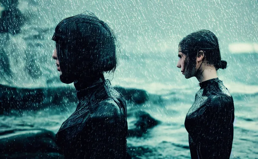 Image similar to cinestill 5 0 d candid action photographic portrait by christopher nolan of two loving female androids wearing rugged black mesh techwear in treacherous waters, extreme closeup, modern cyberpunk retrofuturism moody emotional cinematic, pouring iridescent rain, 8 k, hd, high resolution, 3 5 mm, f / 3 2, motion blur, ultra realistic faces, ex machina