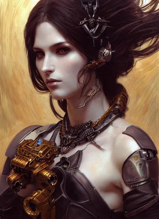 Image similar to portrait of beautiful pale gothic maiden, warhammer 40000, cyberpunk, intricate, elegant, highly detailed, digital painting, artstation, concept art, smooth, sharp focus, illustration, art by artgerm and greg rutkowski and alphonse mucha and Gustav Klimt