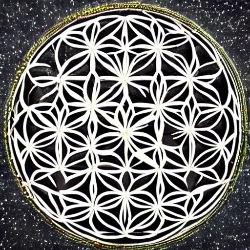 Prompt: wide angle photograph, flower of life sacred geometry covering the sky above a modern city, 4 k