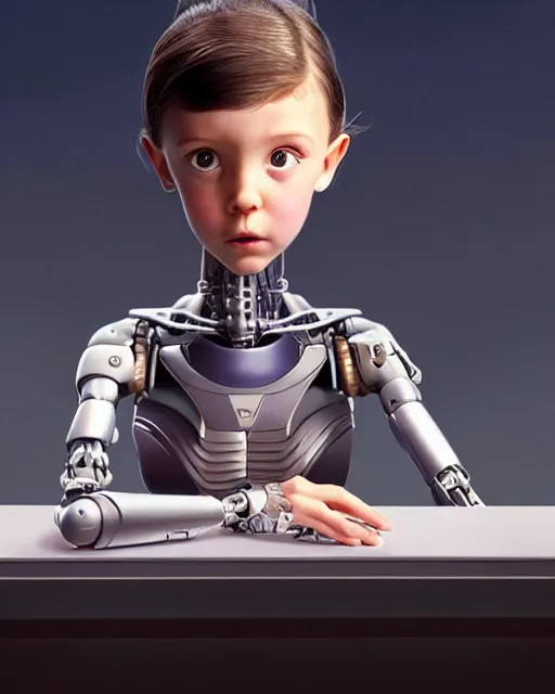 Image similar to weta disney pixar movie still head and torso portrait photo of young millie bobby brown lying on a science fiction table with a white ponytail as thoughtful intricate detailed mechanical plastic cyborg girl by pixar, by weta, wlop, ilya kuvshinov, rossdraws, artgerm, latex, iridescent, bright morning, anime, liosh, mucha