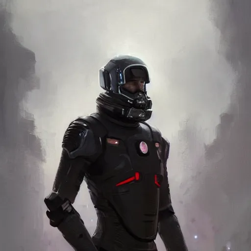 Image similar to portrait of a man by greg rutkowski, he is about 3 0 years old, short black hair with bangs, scared and incredulous, very tall and slender, he is wearing futuristic space gear, highly detailed portrait, digital painting, artstation, concept art, smooth, sharp foccus ilustration, artstation hq