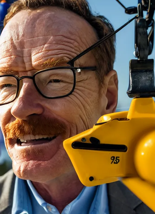 Image similar to closeup portrait of cheerful bryan cranston operating a crane, sitting in a crane, yellow hardhat, sitting in a crane, natural light, bloom, detailed face, magazine, press, photo, steve mccurry, david lazar, canon, nikon, focus