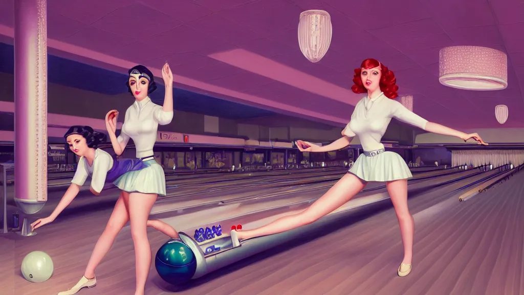 Image similar to photo of cute girls bowling, art deco bowling alley, ultra detail, photoreal, professionally retouched, soft moonlight lighting, shiny plastic miniskirt, realistic, smooth face, goddess, luscious lips, perfect eyes, wide angle, sharp focus on eyes, 8 k high definition, insanely detailed, intricate, elegant, art by artgerm and wlop