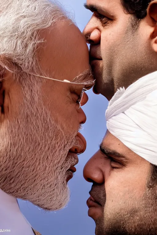 Image similar to narendra modi kissing rahul gandhi, closeup, india, detailed, photography alexey kurylev, cinematic