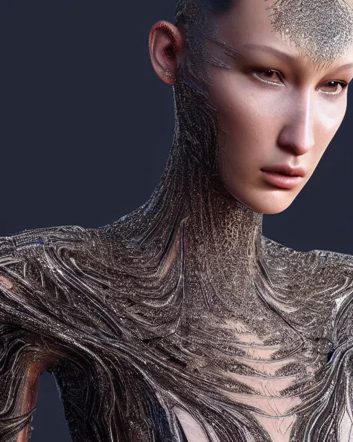 Image similar to a highly detailed metahuman 8 k close up render of bella hadid in iris van herpen dress made in unreal engine 4