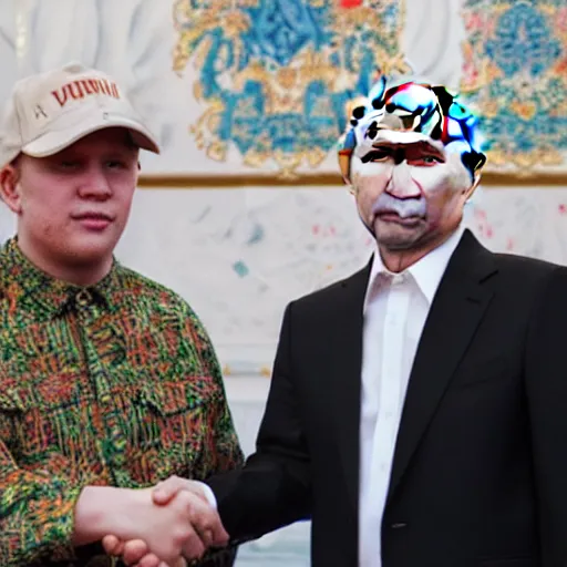 Prompt: cinematic shot of Yung Lean wearing a bucket hat and Vladimir Putin shaking hands with each other in the Kremlin, 8k, hyper intricate, hyper detailed,