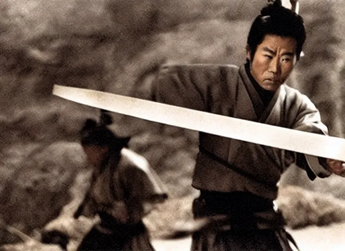 Image similar to a movie still of a samurai slicing through a loaf of bread by Akira Kurosawa