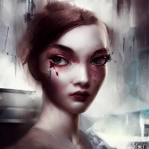 Image similar to a beautiful woman’s face shattered like a porcelaine doll, blurred dystopian city background, sad and dark atmosphere, cinematic, dramatic lighting, trending on Artstation, Cgsociety, concept art