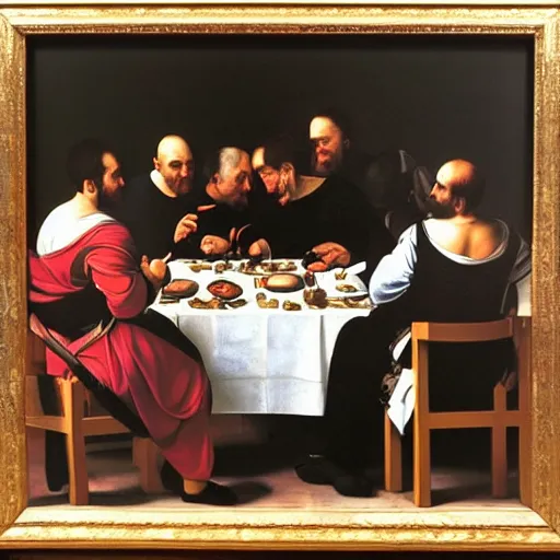 Prompt: painting of Leaders of the world having supper together, style of Caravaggio