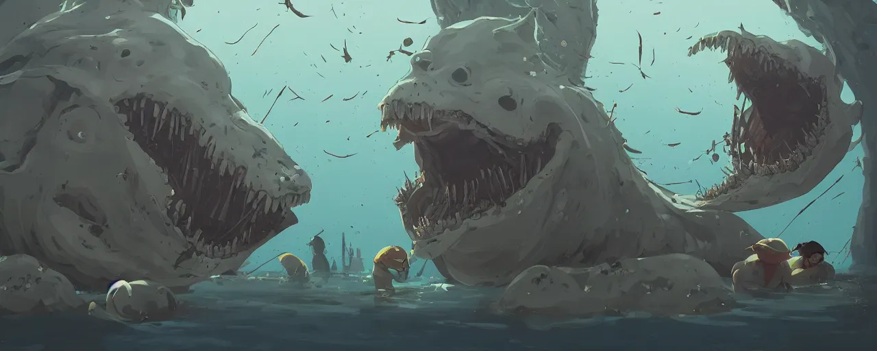 Prompt: piranhas devouring a bloody seal skeleton, blood in the water, atey ghailan, goro fujita, studio ghibli, rim light, terrifying, dark lighting, clear focus, very coherent