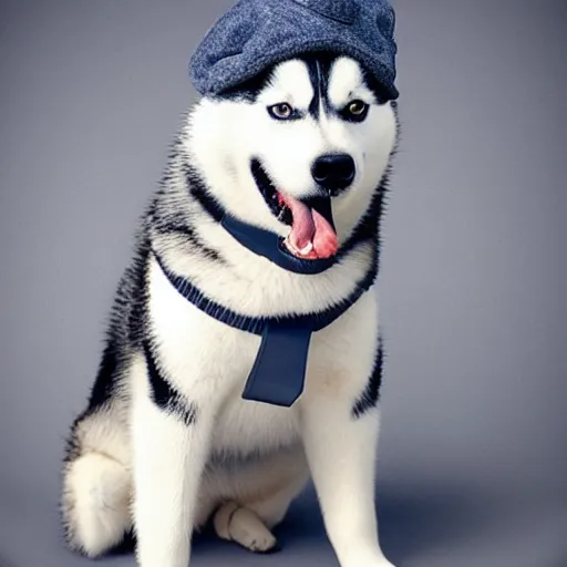 Prompt: A photo of a Husky dog wearing a hat, award winning photography, pro dog photography