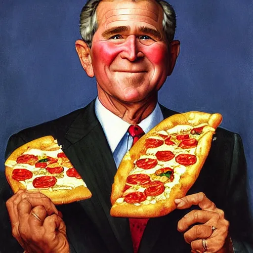 Prompt: 1 9 5 0 hyperdetailed realistic painting of george w bush holding a slice of pizza done by norman rockwell