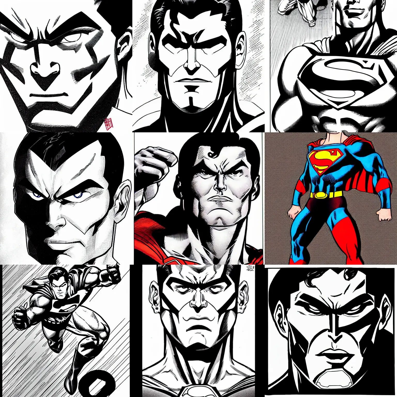 Prompt: male!!! jim lee!!! macro face shot!! flat ink sketch by romita face close up headshot superman costume in the style of romita, x - men superhero comic book character by romita