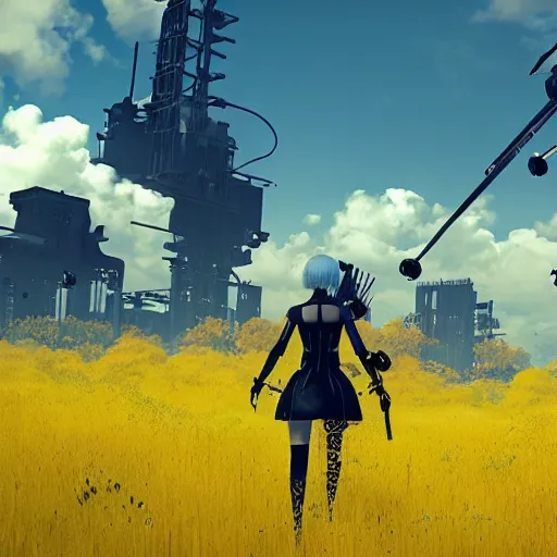 Image similar to a very high resolution image from nier : automata, featuring 9 s android fighting militarized police forces in yellow rye field under pure blue skies