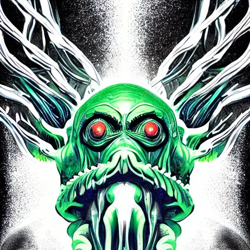 Image similar to 4 k stylized neon headshot of godlike cthulhu with defined arms and open hands and bloody clothes with giant mandala wings, intricate face, flawless anime cel animation by kentaro miura, psychedelic, highly detailed upper body, professionally post - processed, beautiful, scary, symmetry accurate features, epic, octane rendered, anime masterpiece, accurate