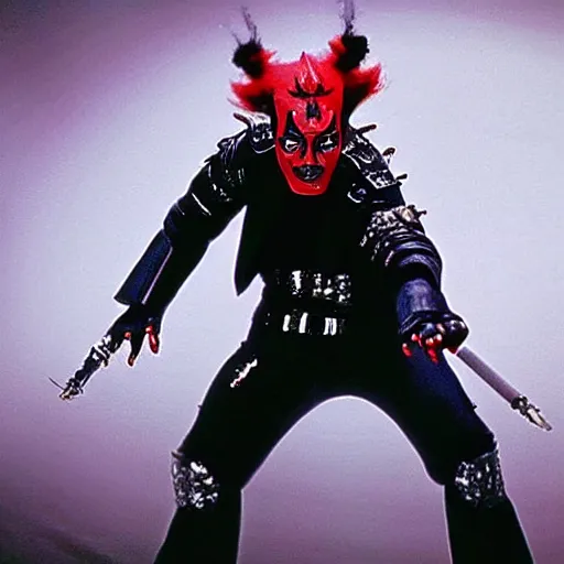 Prompt: a film still of michael jackson starring in a blockbuster film as darth maul from star wars, shallow depth of field, cinematic, award winning cgi, vfx, film still