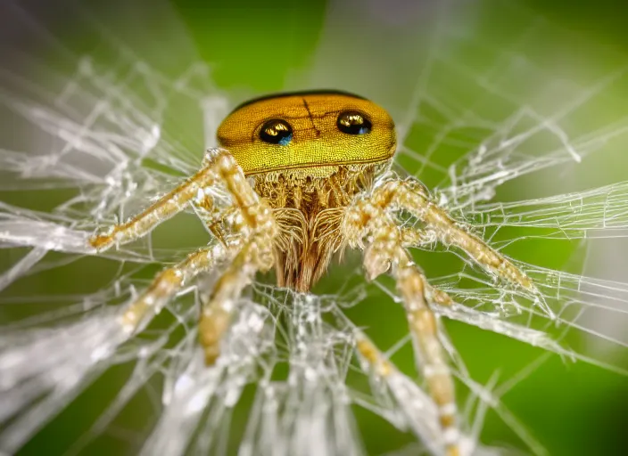 Image similar to super macro of a clear crystal spider with big eyes sitting on a flower, in the forest. fantasy magic style. highly detailed 8 k. intricate. nikon d 8 5 0 3 0 0 mm. award winning photography.