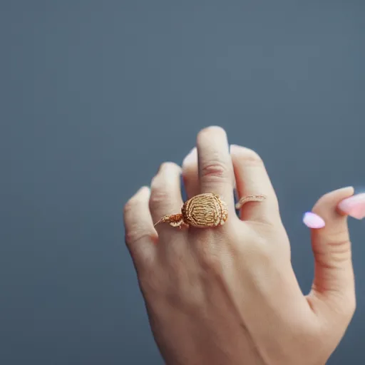 Image similar to super detailed studio photo of golden ring on female finger on female hand, macro