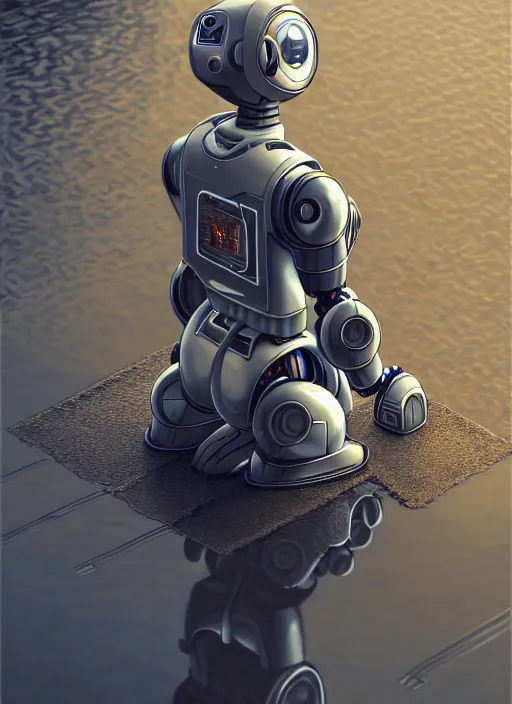 Image similar to a very detailed robot, bent over the reflection in a puddle, highly detailed, manga, perfectly face, highly detailed, masterpiece, artstation, golden ratio, soft light, perfect intricate highly detailed, detailed, painting by jemes jean, digital lines, 8 k