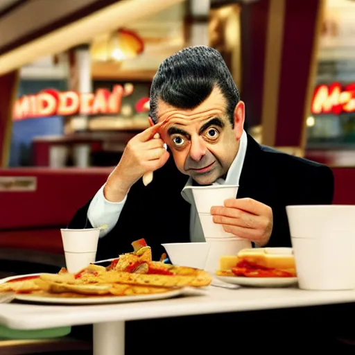 Prompt: photo of rowan atkinson eating inside of a mcdonald's restaurant, highly detailed, extremely high quality, hd, 4 k, 8 k, professional photographer, 4 0 mp, lifelike, top - rated, award winning, realistic, detailed lighting, detailed shadows, sharp, no blur, edited, corrected, trending