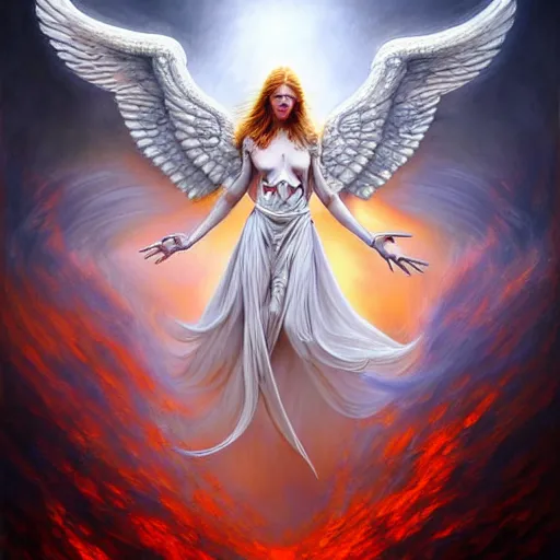 Image similar to beautiful white angel battling red winged devil, surreal, fantasy, intricate, mechanical, elegant, dramatic, highly detailed, gears, lifelike, photorealistic, digital painting, painterly, artstation, concept art, smooth, head in focus, sharp focus, background aerial battle, illustration, art by John Collier and Krenz Cushart and Artem Demura and Alphonse Mucha and Albert Aublet,