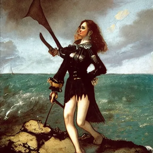 Prompt: a pirate with iridescent skin, irridescent shark colored makeup, her stance is Swashbuckling, art by courbet