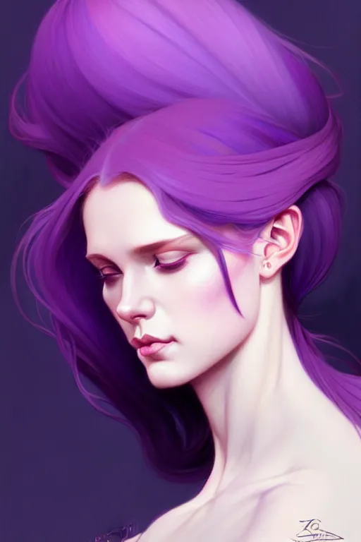 Image similar to Purple hair, creative colouring Portrait of woman, fashion, intricate, elegant, highly detailed, digital painting, artstation, concept art, smooth, sharp focus, illustration, art by artgerm and greg rutkowski and alphonse mucha