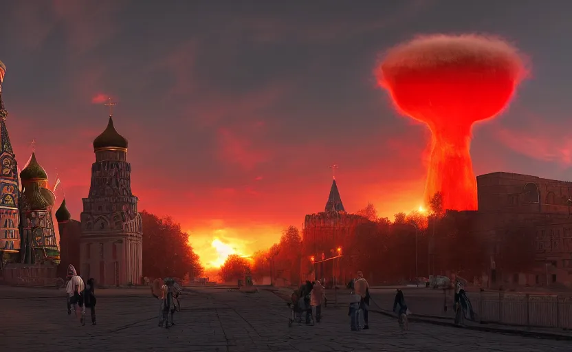 Image similar to ultra realistic wide shot of a big nuclear explosion with realistic nuclear mushroom in Red Square Kremlin, dark atmosphere, extremely high detail, photo realistic, cinematic lighting, post processed, artstation, matte painting, unreal engine 5, 8k