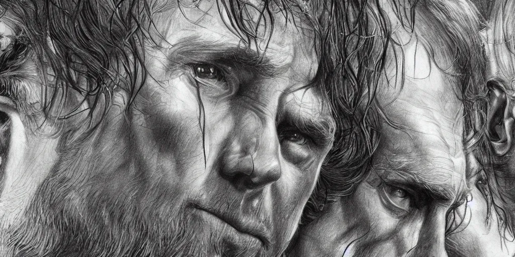 Image similar to close up pencil sketch of middle earth and hobbits ,digital art, high detail, hyper realistic,