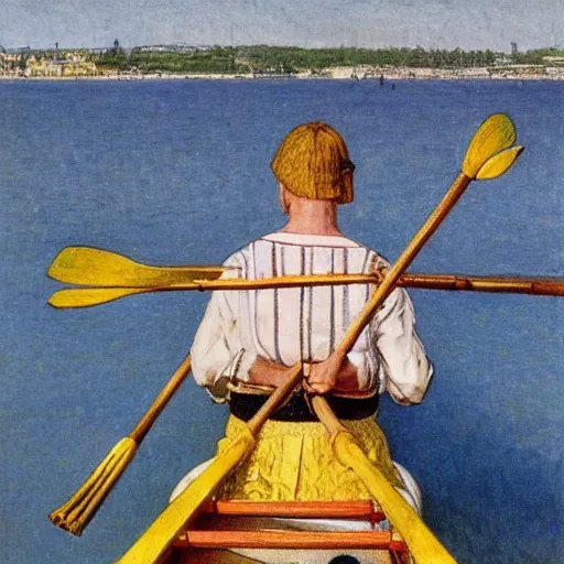 Prompt: a rower on a sunny day, by carl larsson, highly detailed, 4 k,