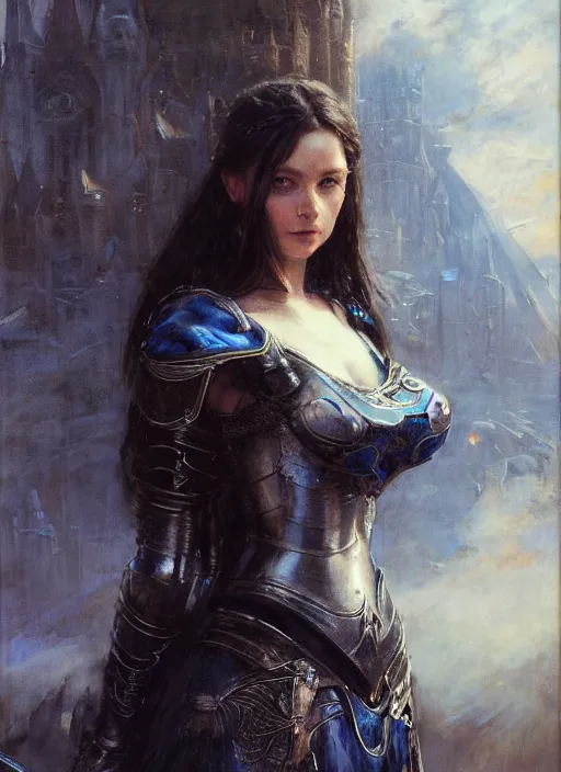 Prompt: beautiful blue - eyed woman wearing simple black medieval armour, detailed by gaston bussiere, bayard wu, greg rutkowski, giger, maxim verehin, greg rutkowski, masterpiece, sharp focus, cinematic lightning